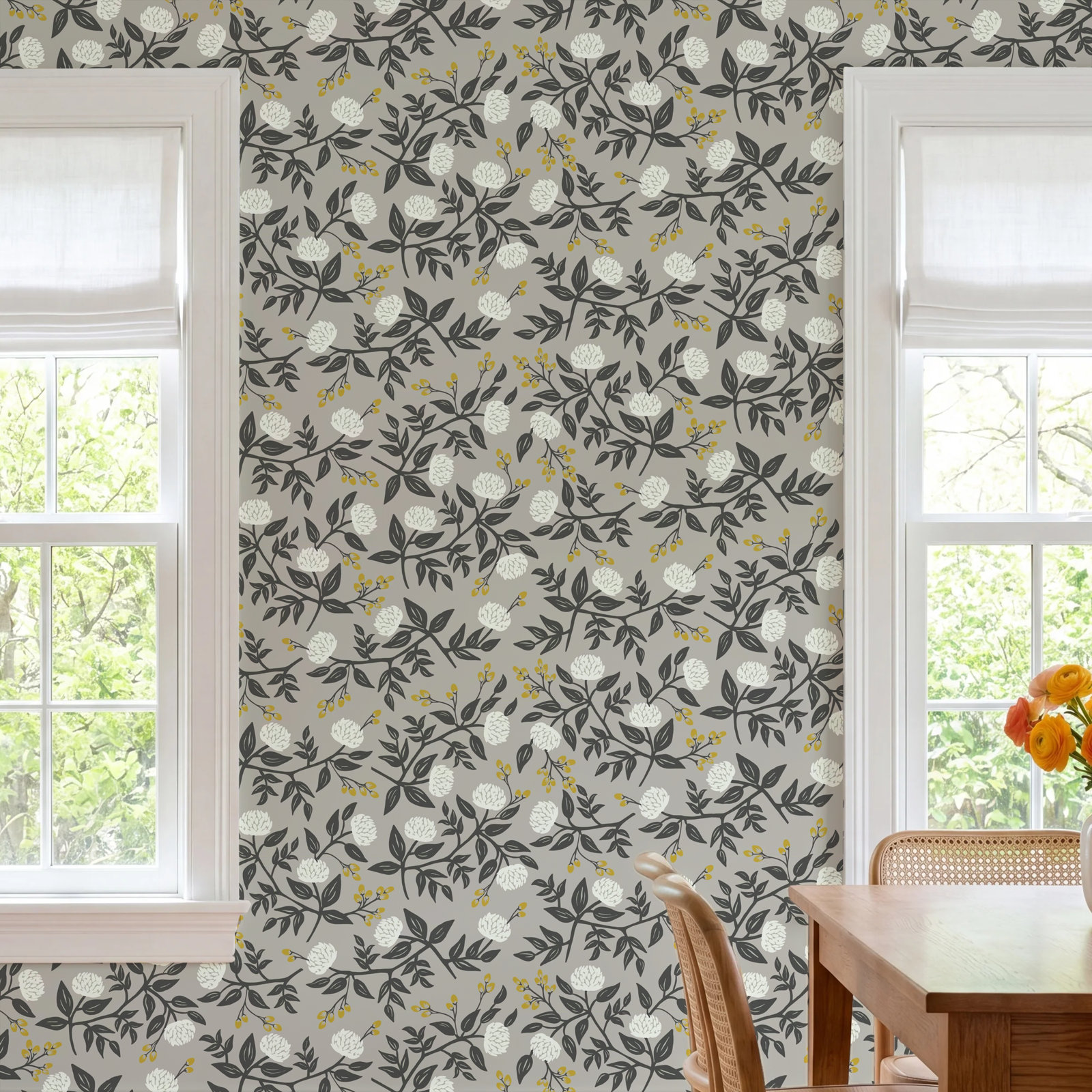 Peonies Wallpaper Roll, Gray