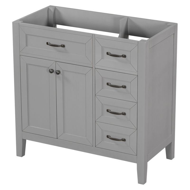 Base d'armoire de salle de bain grise de 36 po. Meuble-lavabo moderne avec tiroirs. Bois massif et autoportant. Assemblage requis seulement en gris. Pour le rangement.