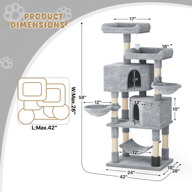 57.5" Large Multi-Level Cat Tree With Sisal Posts, 2 Cubbies, 2 Perches, And 3 Hammocks For Indoor Cats, Grey