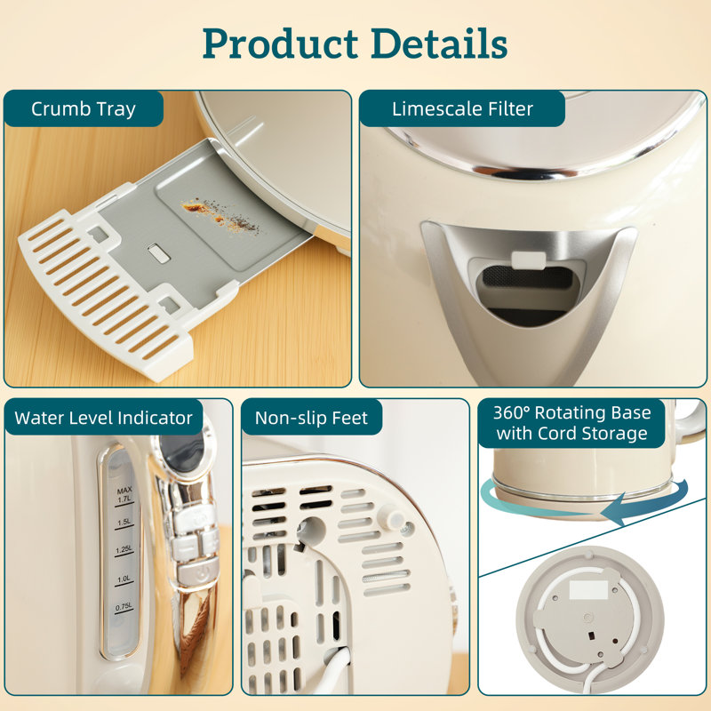 Kettle and Toaster Set, Cream/Silver