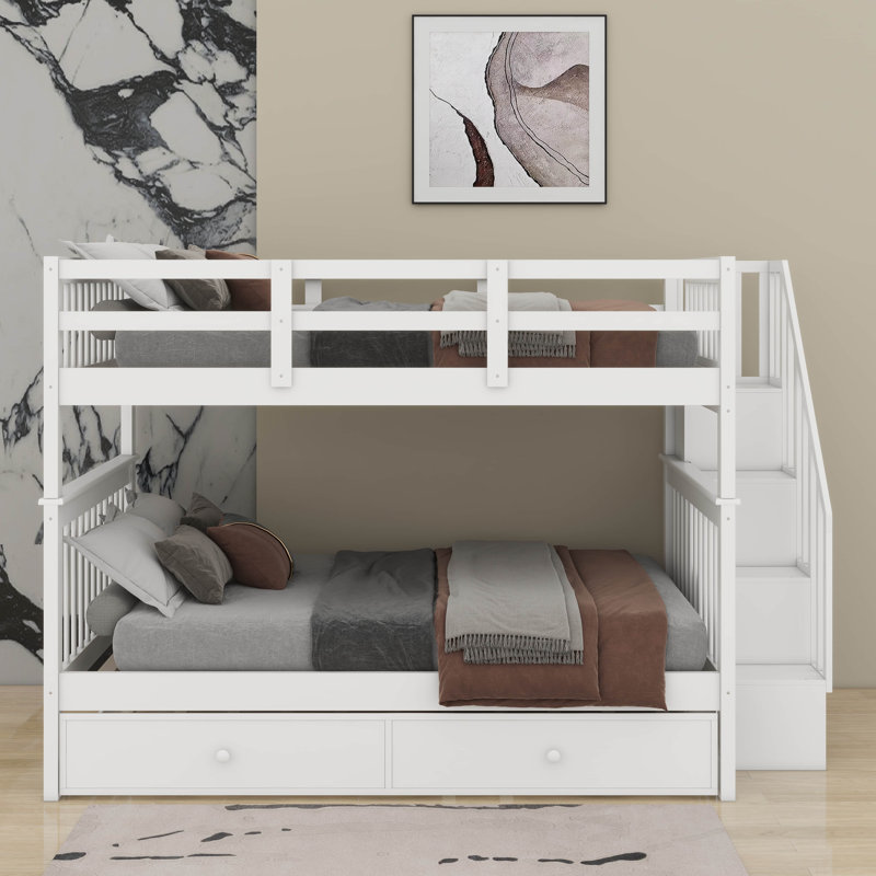 Lit superposé double avec lit gigogne, rangement et barrière d'escalier, Blanc