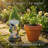 Solar Flocked Garden Gnome Statue with Watering Can String Lights, Outdoor Yard Art Decor