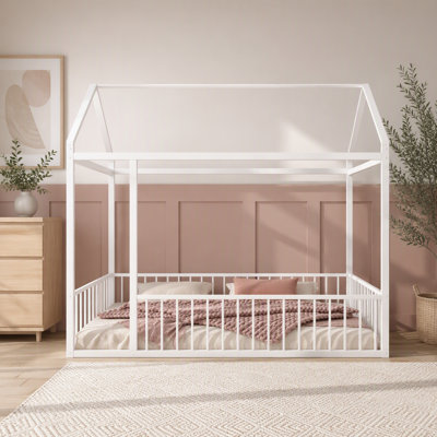 Cadre de lit en métal en forme de maison avec barrière pour enfants, adolescents, filles et garçons