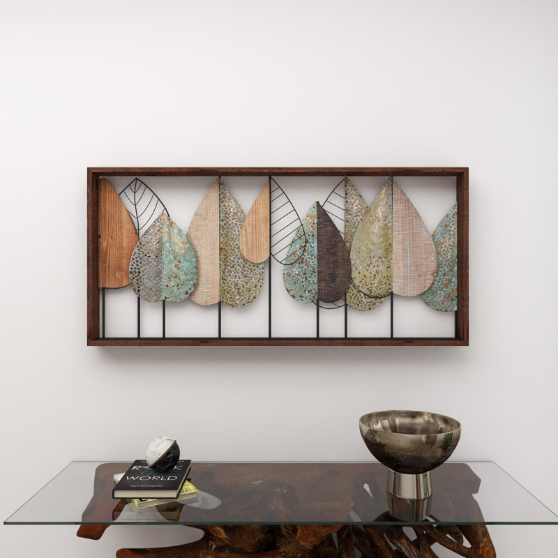 Décoration murale feuille de bois découpée en bois avec des accents de fil de métal vert et noir