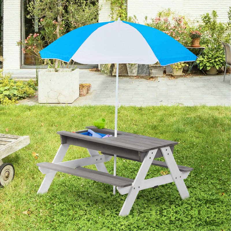 Table de jeu extérieure de 31 pi - Pique-nique en bois, sable et eau avec parasol amovible pour la cour