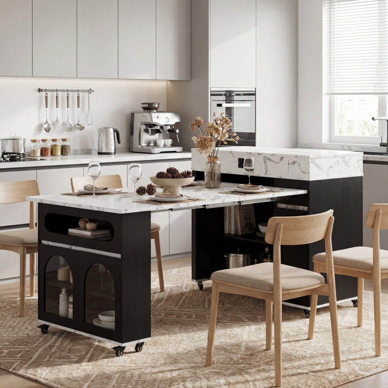 Extendable Rolling Kitchen Island Dining Table with Folding Top, Drawers, Power Outlet & Brake Lock, Storage Cabinet
