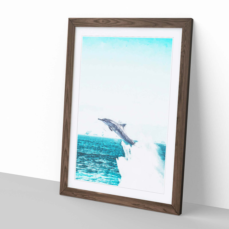 Jumping Dolphin Abstract Art - Framed Print, 76cm H x 50cm W x 2cm D, Walnut