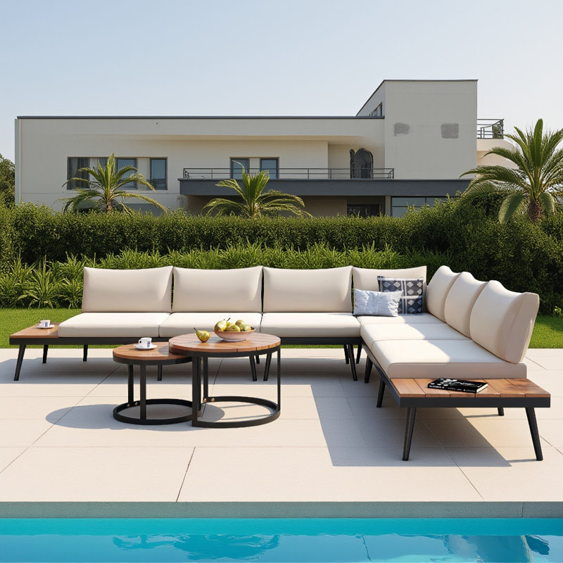 Ensemble de conversation modulaire d'extérieur en acacia 6 pièces pour patio, Beige