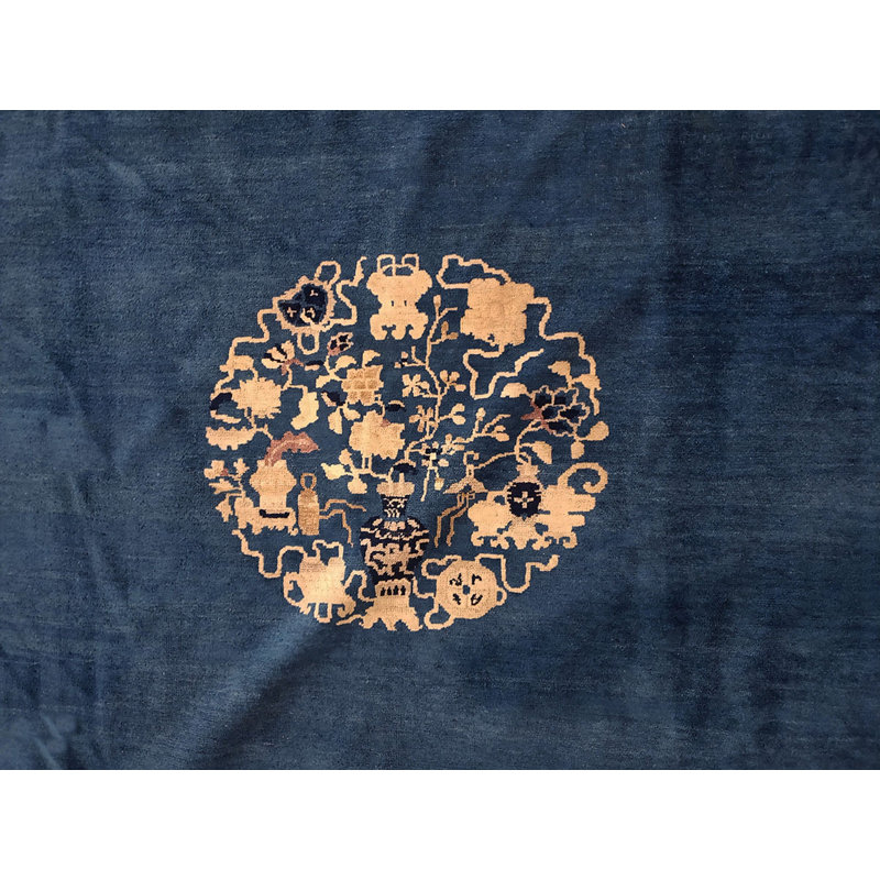 Antique Hand Knotted Pile Wool Blue 1900s Rectangle Rug