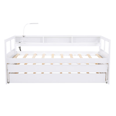 Lit de jour simple TG en bois avec 2 lits gigognes, 3 casiers de rangement, 1 lumière gratuite et conception de chargement USB