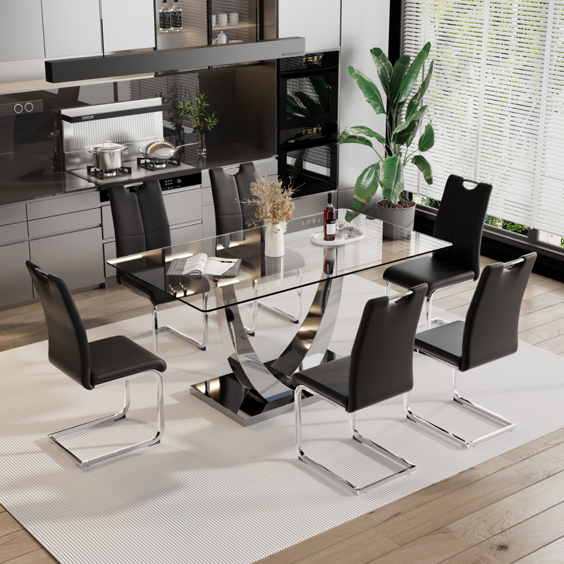 Ensemble de salle à manger 7 pièces, Argent, Noir / argent