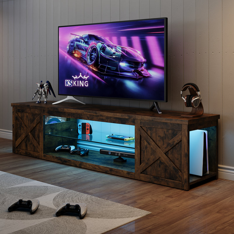 Meuble télé pour téléviseur de 80 po ou moins Farmhouse, système de divertissement à domicile avec lumière DEL, armoire de rangement ouverte et tablettes réglables