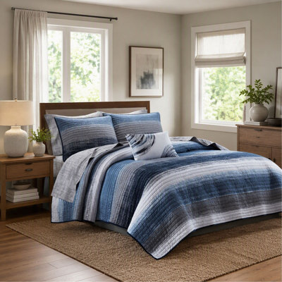 Ensemble de courtepointe pour lit simple 6 pièces avec draps en coton - bleu marine