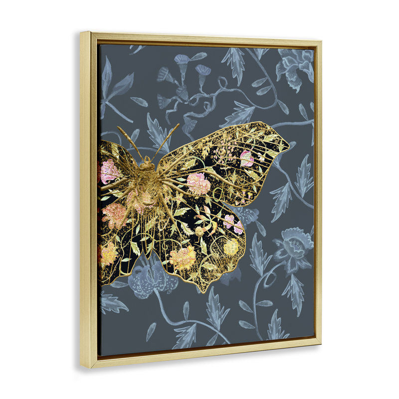 «Blue and Gold Butterfly» par Melissa Wang, Cadre flottant noir de jais, H 31 po x l 25 po