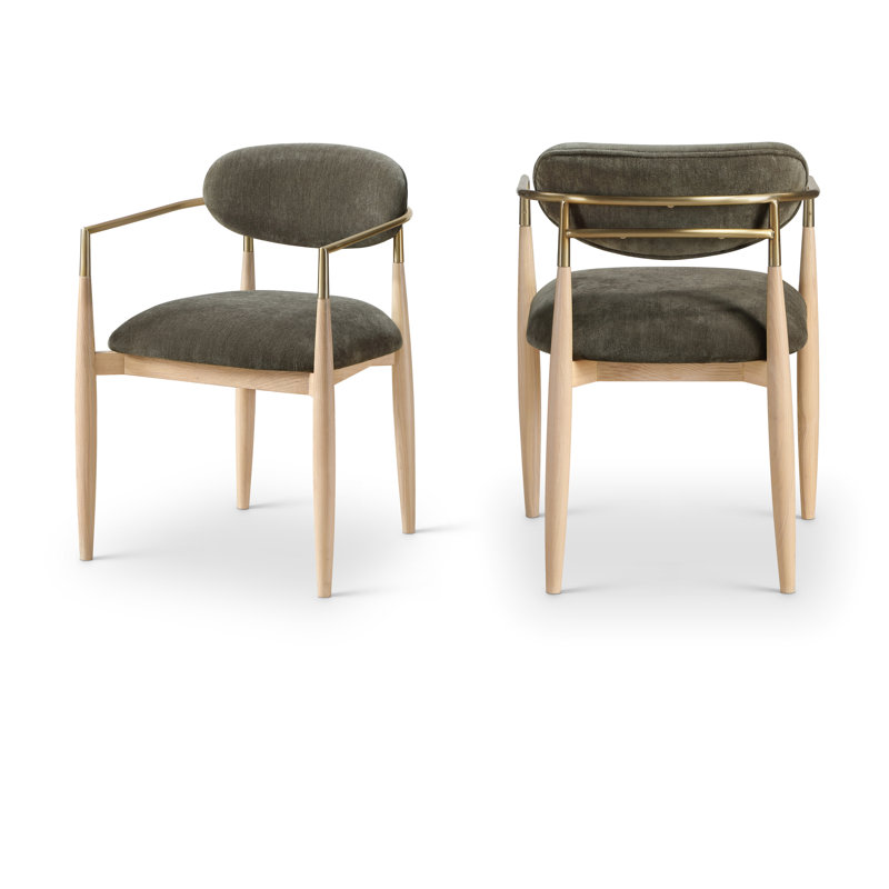 Riccio Performance Fabric Upholstered Dining Arm Chair, Brown, Stained Natural / Brushed Brass