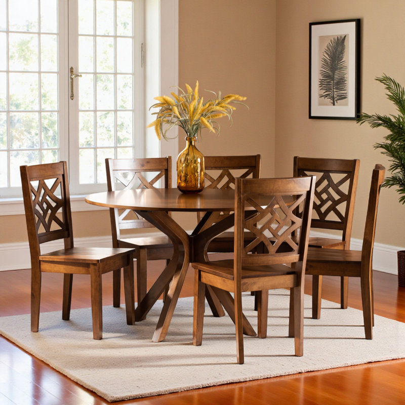 Nella 7-Piece Contemporary Style Brown Finish Dining Set, 29.7" H X 44.6" W X 44.6" D, 29.7"H x 44.6"L x 44.6"W, Brown, Brown