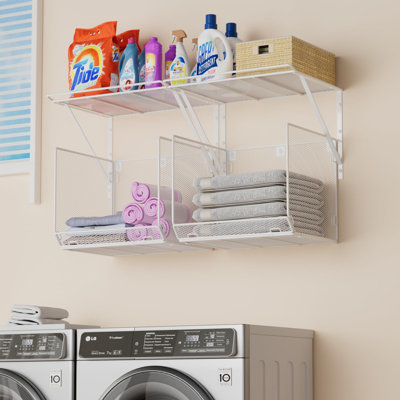 2 Pack Laundry Room Shelves Organization And Storage,Wall Mounted Clothes Drying Rack With Wire Mesh Basket Over Washer And Dryer,Large Capacity Floating Wall Shelf, White