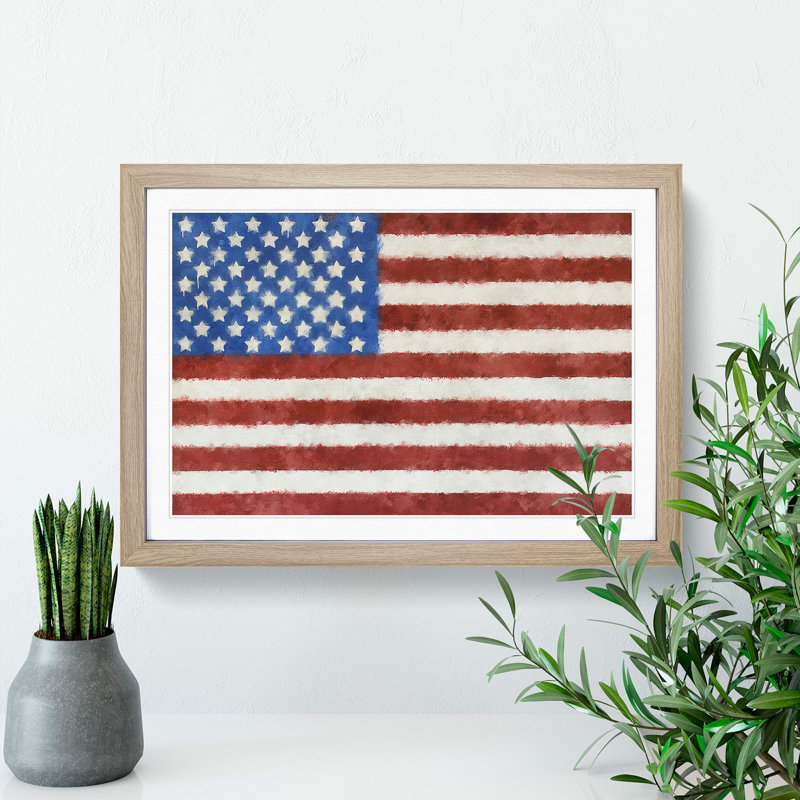 Painted American Flag - Single Picture Frame Print on MDF, Oak, 33cm H x 45cm W x 2cm D