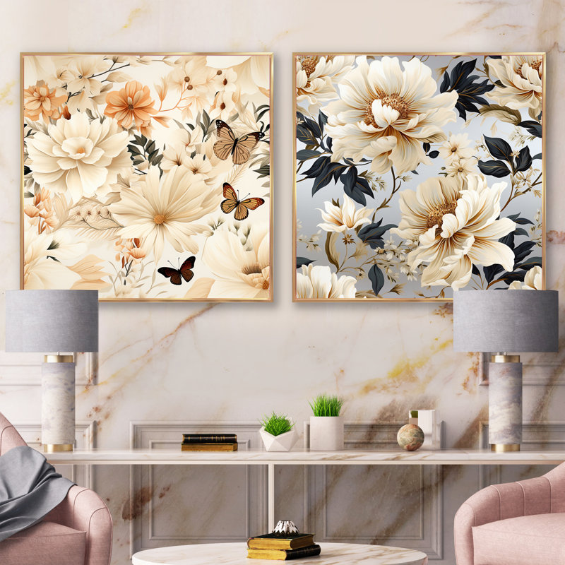 Maisons - Ensemble de 2 collages carrés floraux, Cadre flottant doré, H 36 po x l 73 po