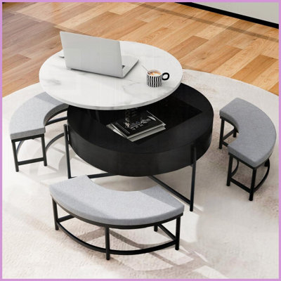 Table basse moderne à plateau relevable avec rangement 3 repose-pieds - Centre de table peu encombrant