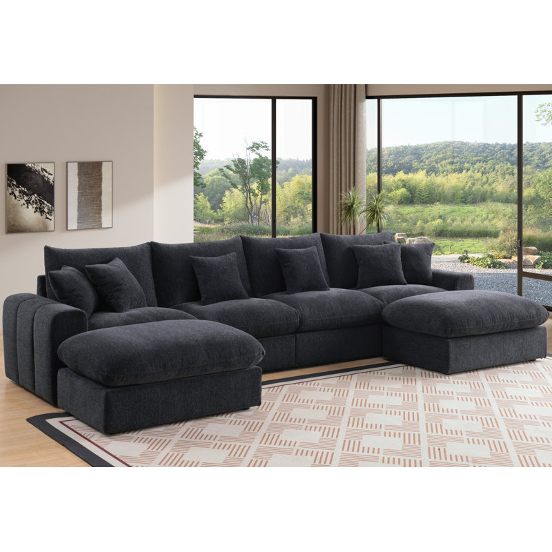 Aveline 144" Wide U-Shape Sectional Sofa With 2 Ottomans, Dark Gray
