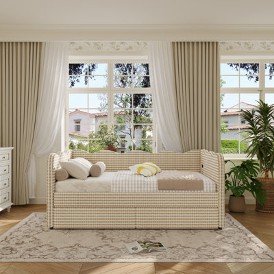 Gingham Daybed With 2 Storage Drawers And Usb Port, Wave-shaped Design