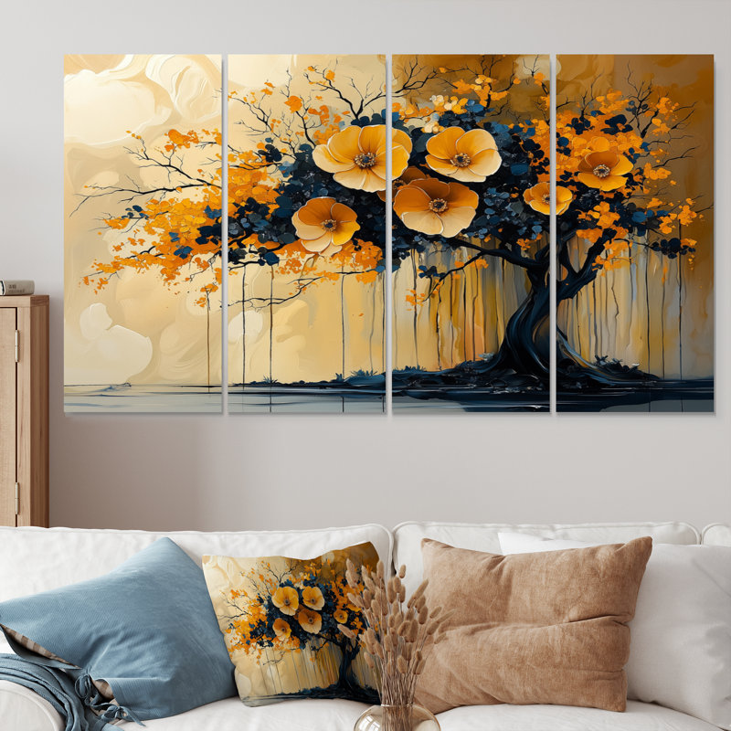 Or et bleu cerisier Silhouette III - ensemble d'art mural cerisier en fleurs, H 28 po x l 48 po