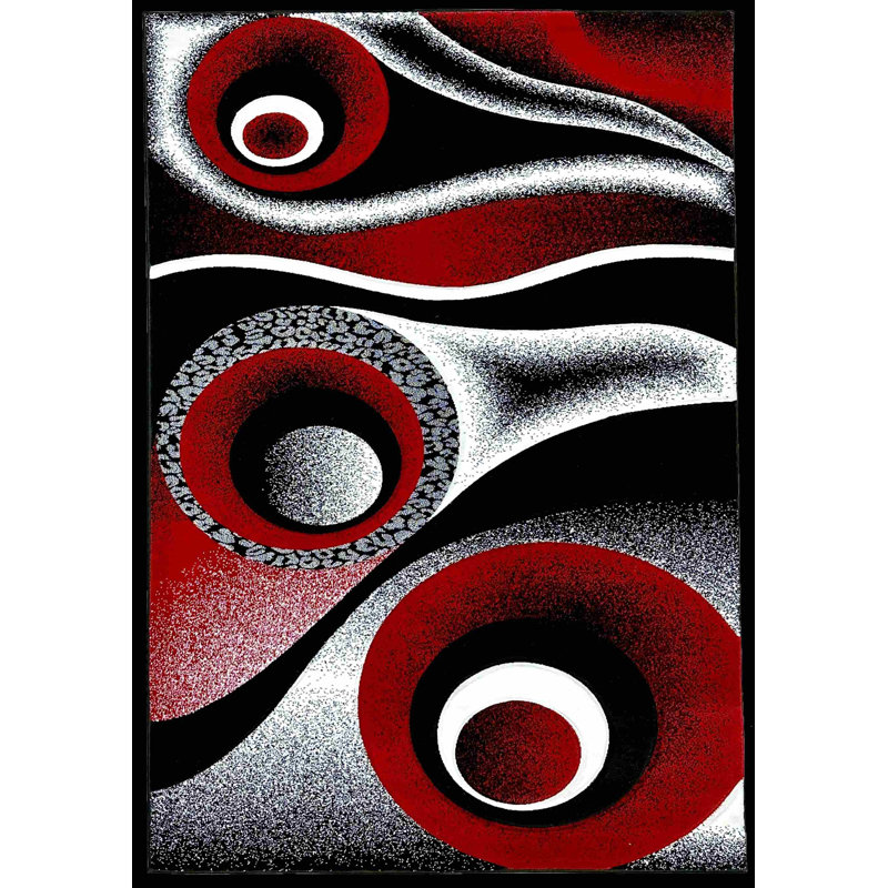 Tapis abstrait Mccampbell, Rouge / Noir / Gris, Tapis de couloir 2 pi 2 po x 7 pi 4 po