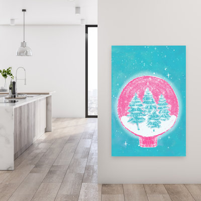 Magnifique globe de neige rose, rêve abstrait, arbre de Noël contemporain, pin, forêt, impression d'art mural d'hiver