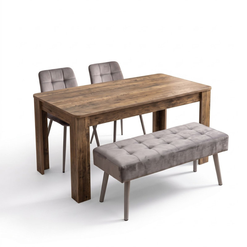 Dining Set with Rustic Wood Effect Table, 2 Grey Nova Velvet Chairs and Grey Velvet Bench 4 Seater
