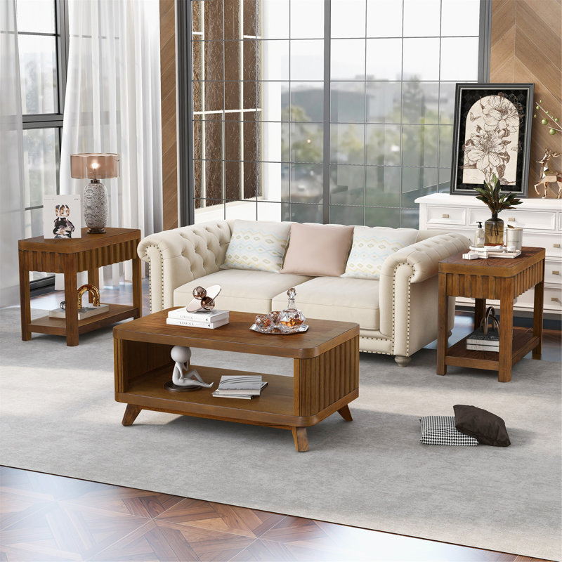 Ensemble de tables basses rectangulaires, 3 pièces avec pieds en bois massif, 1 table basse et 2 tables de bout, ensemble de tables basses en bois