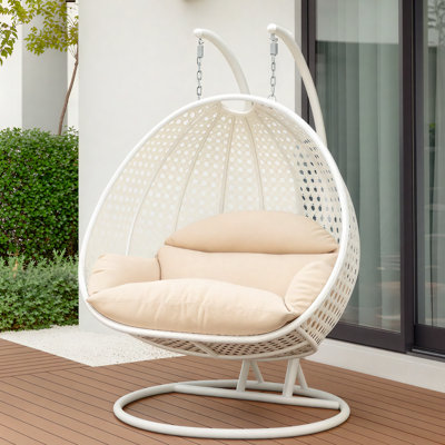 LeisureMod 2-Person Hanging Egg Chair with Stand, Indoor Outdoor Patio Double Swing Chair, Heavy Duty Wicker Basket Chair with Weather-Resistant Cushion & Waterproof Cover for Backyard, Porch, Deck
