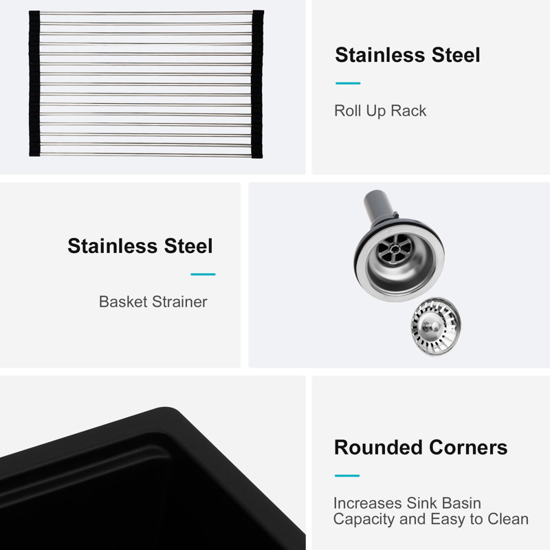 32X19" Quartz Kitchen Sink, Black Undermount Workstation, Thick And Strong Structure, Smooth Quiet Operation, Includes Drying Rack Bottom Grid Sink For High - End Composite, Eliminates Noise, Non