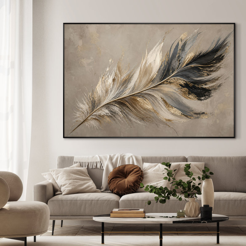 Très grand art mural imprimé sur tissu - Décoration de chambre à coucher botanique minimaliste plume brun clair - "Assemblage requis (cadre non fini)"
