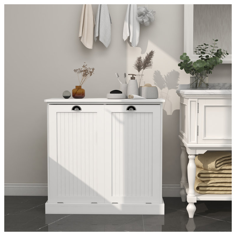 White Two-Compartment Tilt-Out Laundry Sorter Cabinet - MDF Laundry Storage Organizer with Removable Cloth Bags, White