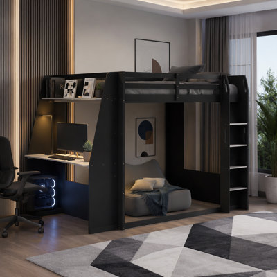 Wooden Gaming Bunk Bed with Desk,Two Storage Shelves,USB and LED Light