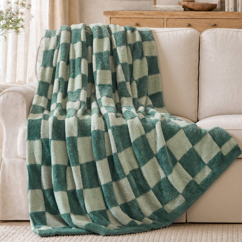 Madison Park Brown Checkerboard Feathersoft Fur Knit Throw, Green