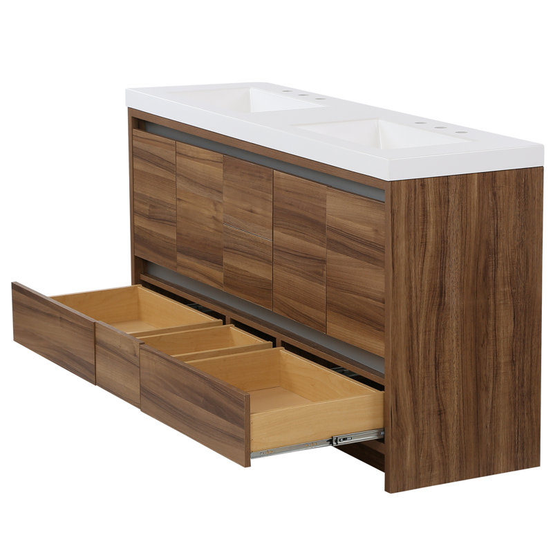 Meuble-lavabo double 60,5 po avec plateau en marbre de culture 60,5 po, Brume caramel