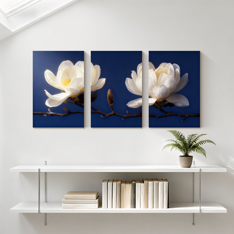Magnolia blanc sur fond bleu foncé, ensemble de 3 impressions d'art sur toile, H 30 po x l 60 po