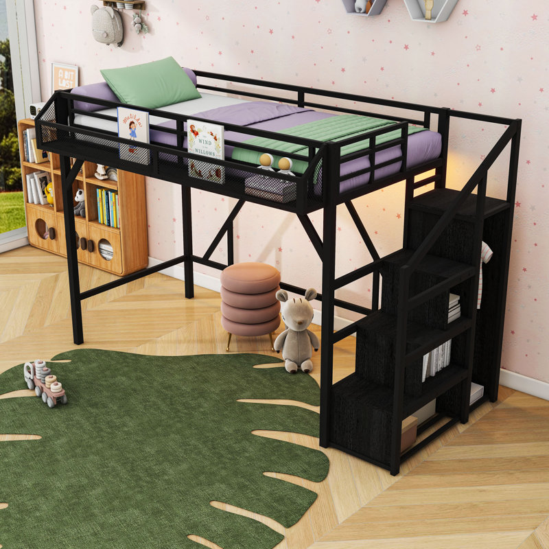 Multi-Functional Metal Loft Bed with Built-in Wardrobe, Shelves, USB Ports and LED Lighting, Black, Extra-Long Twin