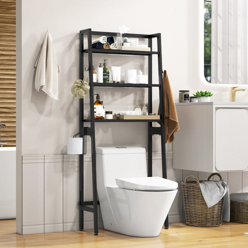 Ebern Designs Over the Toilet Storage 3-Tier Freestanding Bathroom Organizer Shelf w/ 2 Hanging Hook, Black