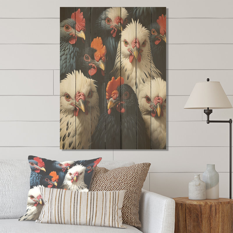Ensemble de ferme de coqs rouges et blancs II - animal de poulet sur bois, H 40 po x l 30 po