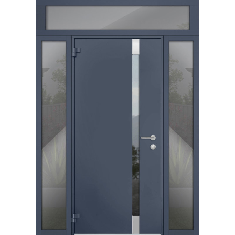 Porte d'entrée extérieure prémontée en acier Cynex 6777 grise, avec 2 fenêtres latérales et supérieures, inserts en acier inoxydable, style moderne, peinte, dimensions : L 12 + 32 + 12 x H 80 + 16, ouverture à droite vers l'intérieur.
