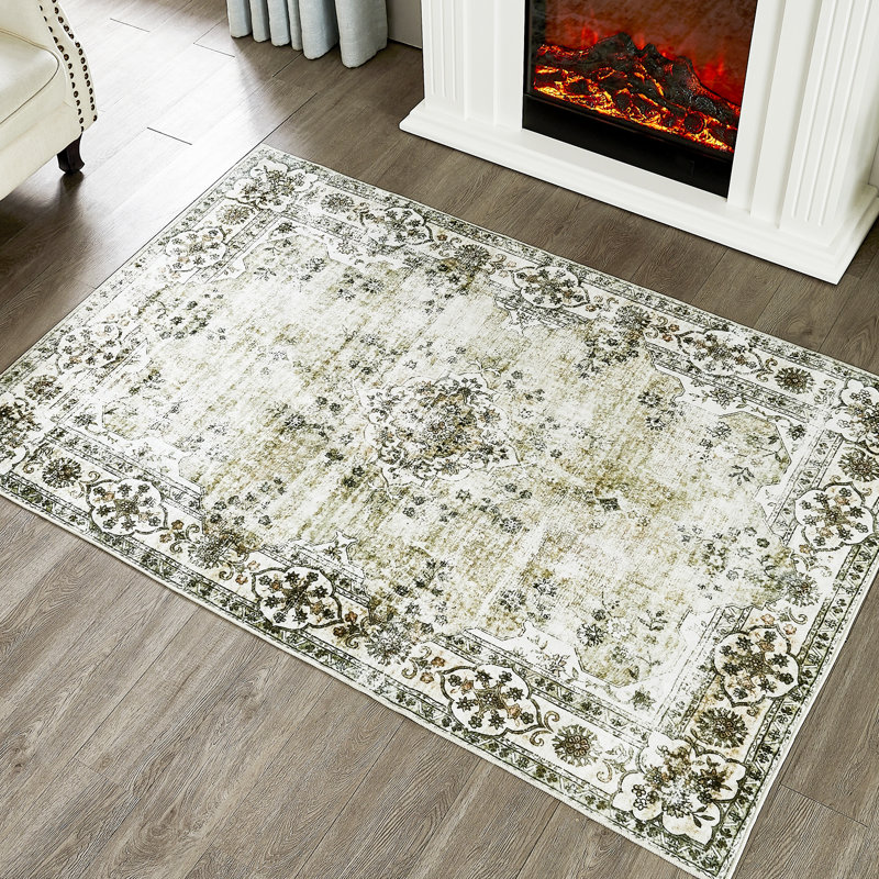 Royalton Non-Slip Machine Washable Oriental Indoor Area Rug in Green/Beige/Cream, Rectangle 3' x 5'