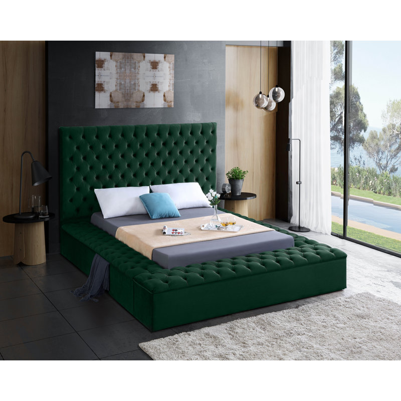 Lit plateforme tapissier avec rangement Johnnay, Très grand, Velours vert