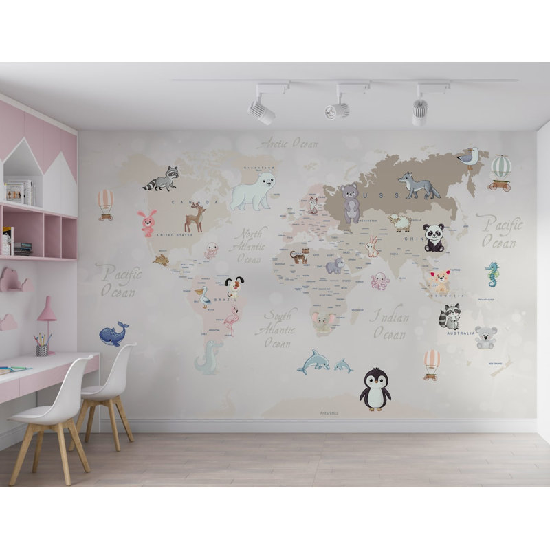 Papier peint Allissia World Map Land and Sea Creatures, L 114 po x l 204 po