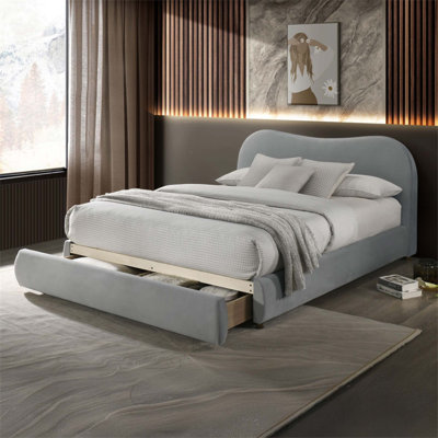 Luxurious Velvet Upholstered Eastern King Bed With Curved Headboard And Built-In Storage, Perfect For Modern Bedrooms.