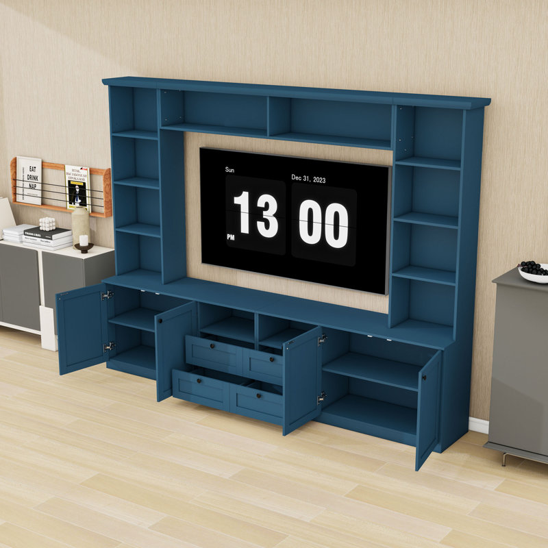 Meuble audio-vidéo avec 4 tiroirs, tablettes réglables et armoires, Bleu
