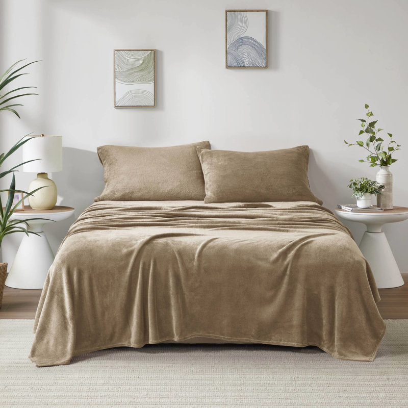 Ensemble de 4 draps de couleur taupe, 100% brossé des deux côtés pour plus de douceur