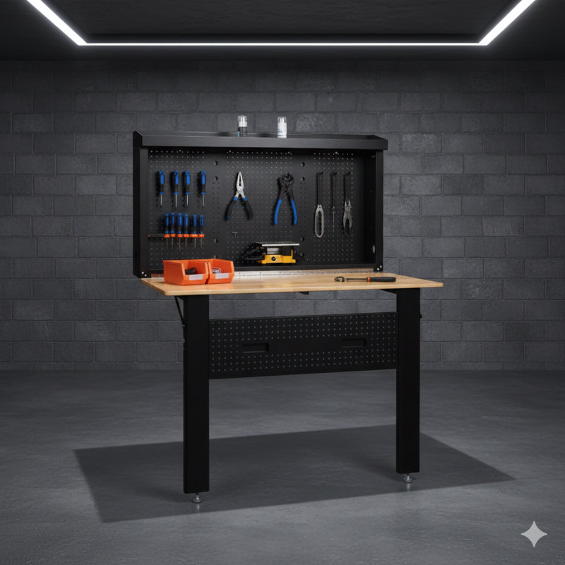 Wall-Mounted Workbench, Space-Saving Foldable Design With Rubberwood Work Surface And Pegboard For Tool Storage